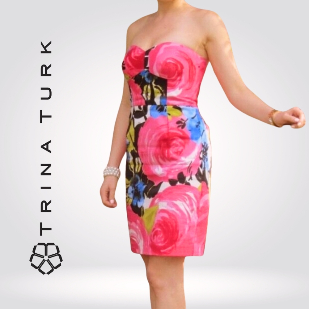 Trina Turk Rose Floral Bustier Corset Strapless Pink Mini Dress Size 12 Cocktail